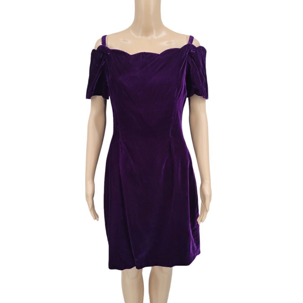 Be Smart Royal Purple Velvet Midi Dress 80s Vintage Scalloped Hem Off Shoulder